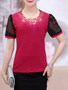 Casual Rhinestone Decorative Lace Hollow Out Short Sleeve T-Shirt