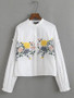 Casual White Flower Embroidery Ruffle Trim Blouse