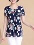 Casual Round Neck Floral Polka Dot Printed Short Sleeve T-Shirt