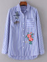 Casual Polo Collar Patch Pocket Embroidery Striped Shirts&Blouse