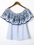 Casual Off Shoulder Scallop Flounce Embroidery Vertical Striped Short Sleeve T-Shirt
