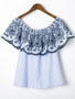 Casual Off Shoulder Scallop Flounce Embroidery Vertical Striped Short Sleeve T-Shirt