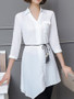 Casual Asymmetric Hem Flap Pocket Plain Roll-Up Sleeve Blouse