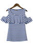 Casual Open Shoulder Flounce Striped Short Sleeve T-Shirt