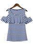 Casual Open Shoulder Flounce Striped Short Sleeve T-Shirt