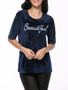 Casual Beautiful Embroidery Round Neck Velvet Short Sleeve T-Shirt