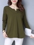 Casual Split Neck Side Slit Plain Long Sleeve T-Shirt