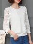 Casual Round Neck Patchwork Hollow Out Plain Blouse