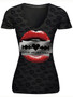 Casual V-Neck Trendy Lip Printed Short Sleeve T-Shirt