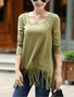 Casual Round Neck Fringe Plain Long Sleeve T-Shirt