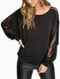 Casual Patchwork See-Through Plain Batwing Long Sleeve T-Shirt