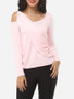 Casual Hollow Out Plain Courtly Asymmetric Neckline Long Sleeve T-shirt