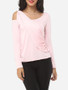 Casual Hollow Out Plain Courtly Asymmetric Neckline Long Sleeve T-shirt