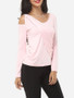 Casual Hollow Out Plain Courtly Asymmetric Neckline Long Sleeve T-shirt