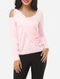 Casual Hollow Out Plain Courtly Asymmetric Neckline Long Sleeve T-shirt