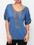 Casual Hollow Out Lace Patchwork Plain Designed Round Neck Short-sleeve-t-shirt