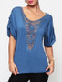 Casual Hollow Out Lace Patchwork Plain Designed Round Neck Short-sleeve-t-shirt