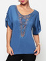 Casual Hollow Out Lace Patchwork Plain Designed Round Neck Short-sleeve-t-shirt