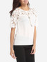 Casual Round Neck Dacron Hollow Out Lace Patchwork Plain Short-sleeve-t-shirt