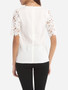 Casual Round Neck Dacron Hollow Out Lace Patchwork Plain Short-sleeve-t-shirt