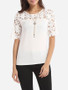 Casual Round Neck Dacron Hollow Out Lace Patchwork Plain Short-sleeve-t-shirt