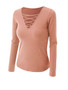 Casual V-Neck Lace-Up Plain Long Sleeve T-Shirt