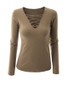 Casual V-Neck Lace-Up Plain Long Sleeve T-Shirt