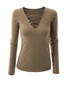 Casual V-Neck Lace-Up Plain Long Sleeve T-Shirt