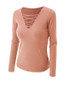 Casual V-Neck Lace-Up Plain Long Sleeve T-Shirt