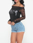 Casual Hollow Out Patchwork Printed Sexy Round Neck Long-sleeve-t-shirt