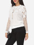 Casual Hollow Out Lace Plain Exquisite Crew Neck Long-sleeve-t-shirt