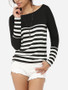 Casual Boat Neck Dacron Striped Long-sleeve-t-shirt