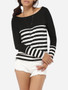 Casual Boat Neck Dacron Striped Long-sleeve-t-shirt