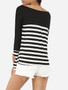 Casual Boat Neck Dacron Striped Long-sleeve-t-shirt