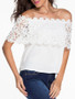 Casual Off Shoulder Charming Decorative Lace Plain Short Sleeve T-Shirt