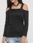 Casual Hollow Out Plain Off Shoulder Long Sleeve T-shirt