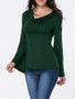 Casual Cowl Neck Cutout Plain Bell Long Sleeve T-Shirt