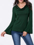 Casual Cowl Neck Cutout Plain Bell Long Sleeve T-Shirt