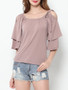 Casual Plain Falbala Round Neck Long-sleeve-t-shirt