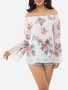 Casual Floral Printed Loose Fitting Off Shoulder Long-sleeve-t-shirt