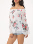 Casual Floral Printed Loose Fitting Off Shoulder Long-sleeve-t-shirt