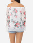 Casual Floral Printed Loose Fitting Off Shoulder Long-sleeve-t-shirt