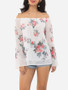 Casual Floral Printed Loose Fitting Off Shoulder Long-sleeve-t-shirt