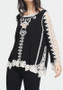 Black Patchwork Lace Hollow-out Embroidery Irregular Round Neck T-Shirt