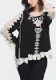 Black Patchwork Lace Hollow-out Embroidery Irregular Round Neck T-Shirt