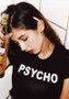 Black Monogram PSYCHO Print Round Neck Casual Streetwear Crop Graphic Slogan T-Shirt