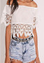 White Patchwork Lace Hollow-out Wavy Edge Crop Off Shoulder T-Shirt