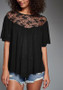 Black Patchwork Lace Hollow-out Draped Tie Back Fashion Blouse