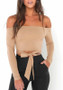 Khaki Bandeau Bow Knot Off Shoulder Bodycon Boat Neck Long Sleeve Blouse