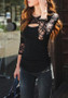 Black Patchwork Hollow-out Lace Cut Out Round Neck Slim T-Shirt